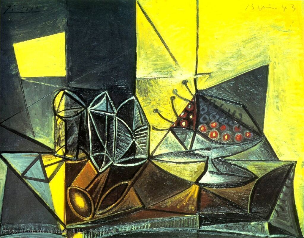cerises 西班牙 画家 巴勃罗 毕加索 抽象 油画 人物 人体 装饰画 verres aux morte nature buffet 1943 家居装饰素材