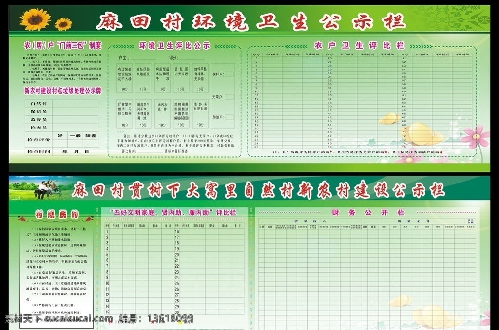 环境卫生 评比 栏 五好文明家庭 公示栏 村规民约 门前三包 农户 卫生 展板设计 展板模板 矢量