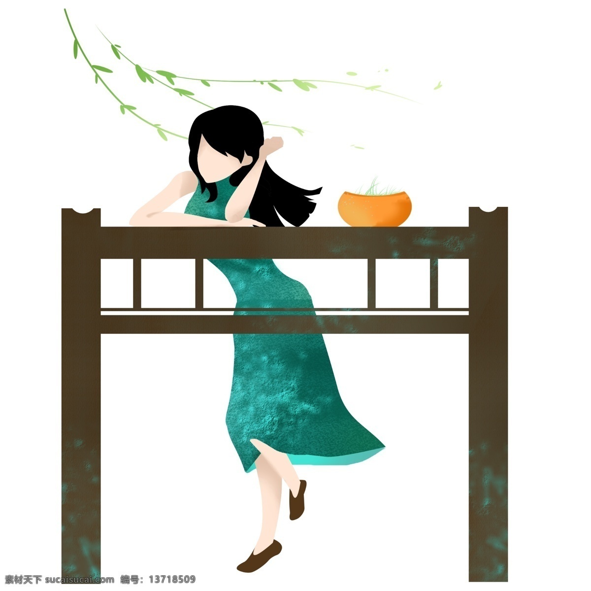 漂亮 小女孩 插画 春季 发芽 人物 漂亮的小女孩 黄色的花盆 黑色的架子 绿色的叶子 垂钓的柳树