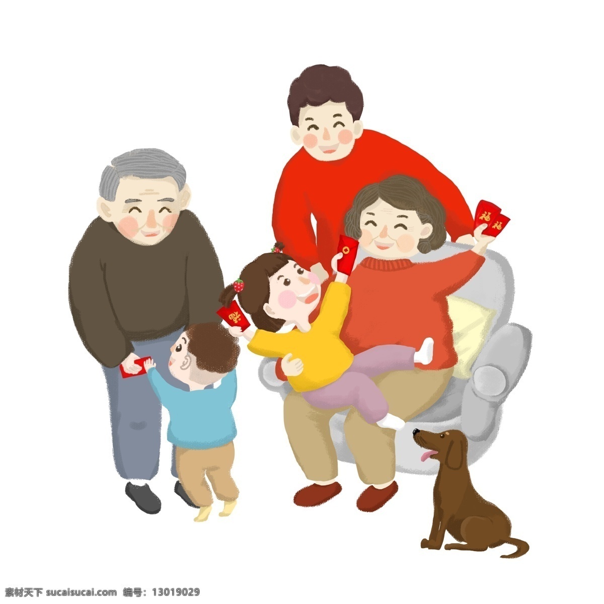 商用 奶奶 爷爷 发红 包 场景 过年 手绘 卡通 老人 孩子 温馨 女孩 红包 父亲 新年 发红包 团聚 开心 狗狗 男孩 爸爸 外婆 长辈 拜年