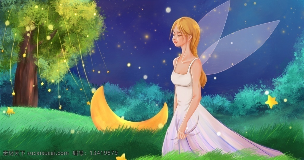 精灵 森林 女孩 星空 夜晚 动漫动画