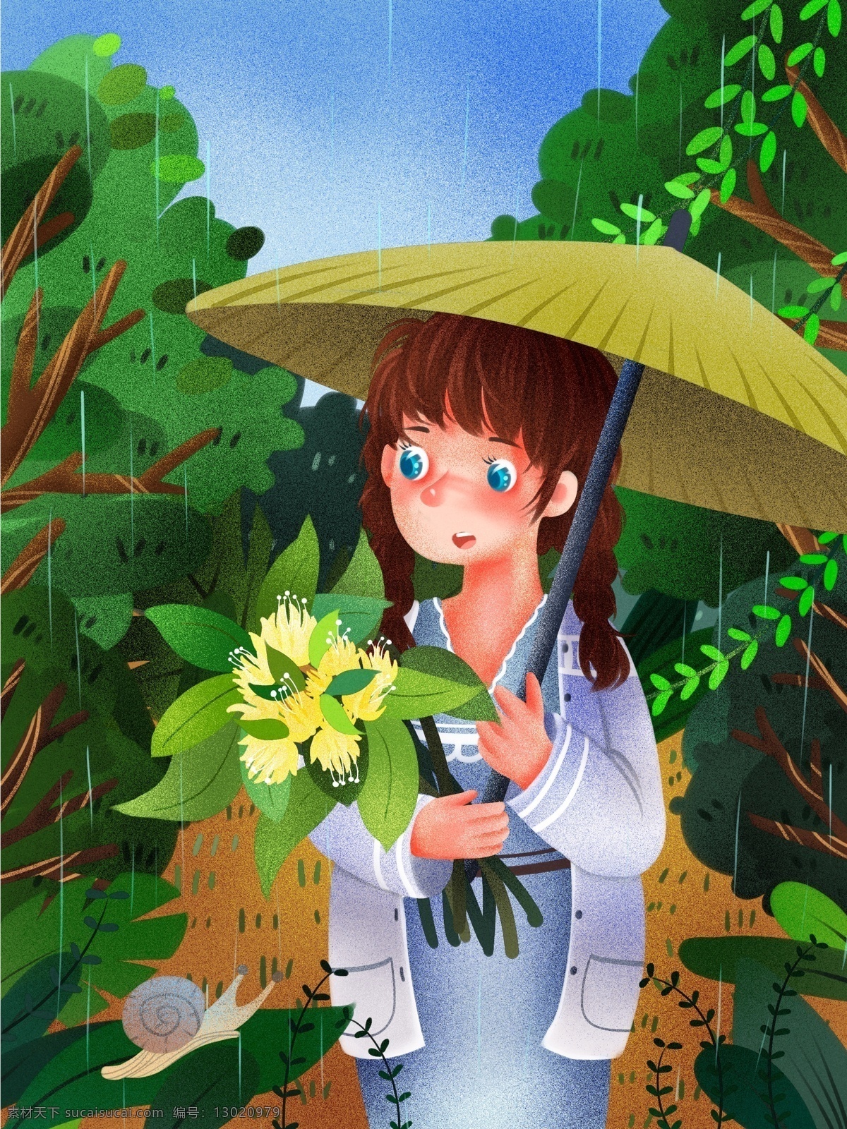 清明 时节 雨 纷纷 抱 菊花 女孩 清新 原创 插画 清明节 扫墓 节气 下雨 植物 柳树 树木 雨伞 蜗牛