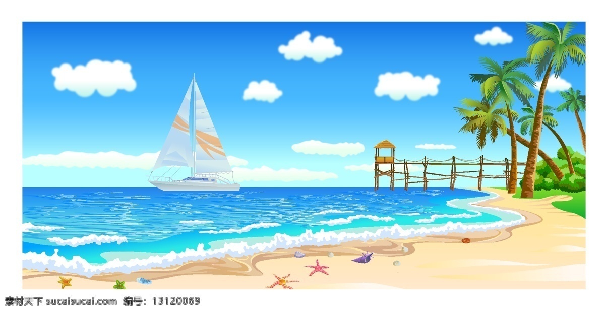 夏日 沙滩 美景 插画 大海 儿童卡通插画 帆船 花草树木 蓝天白云 矢量图 夏日风景 椰子树 自然景观 自然风景 矢量美景插画 其他矢量图
