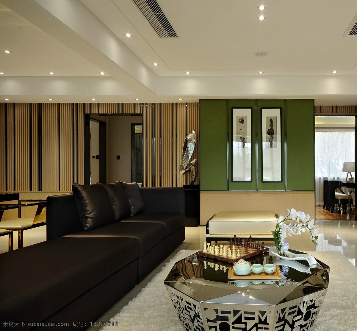 现代 时尚 金色 亮 面茶 客厅 室内装修 效果图 黑色沙发 金色茶几 白色地毯 客厅装修