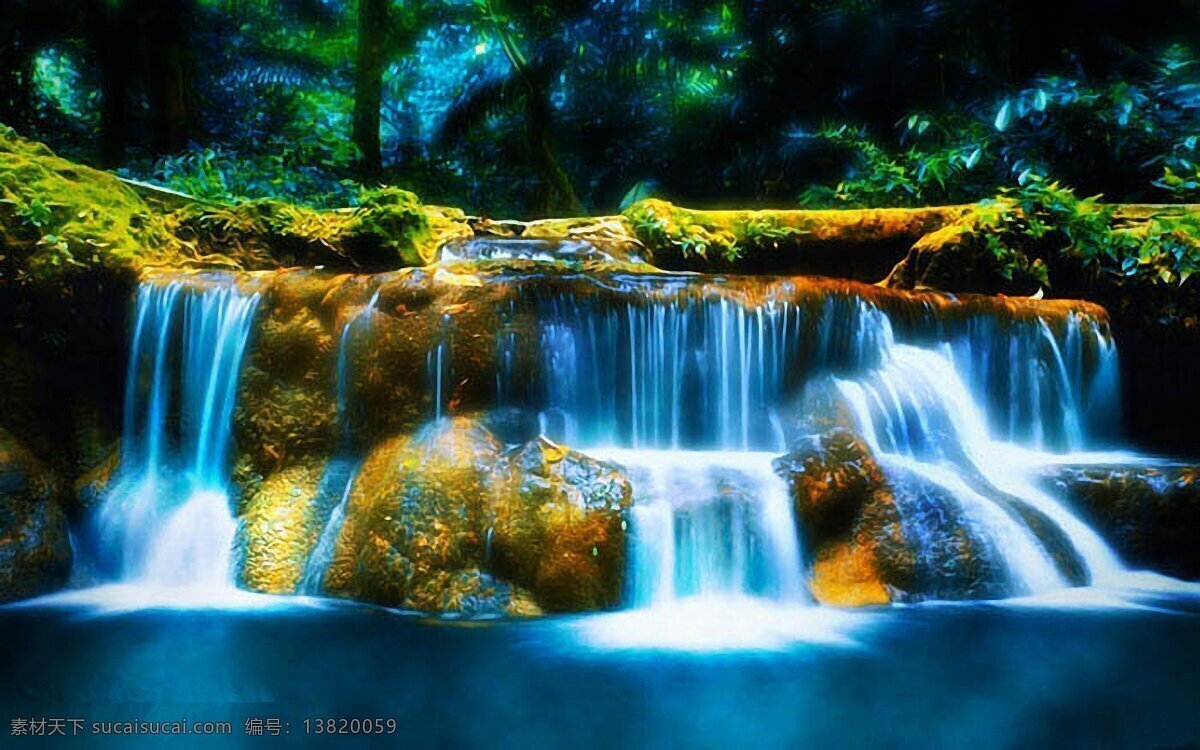 高清 梦幻 瀑布 风景 森林 树林 唯美