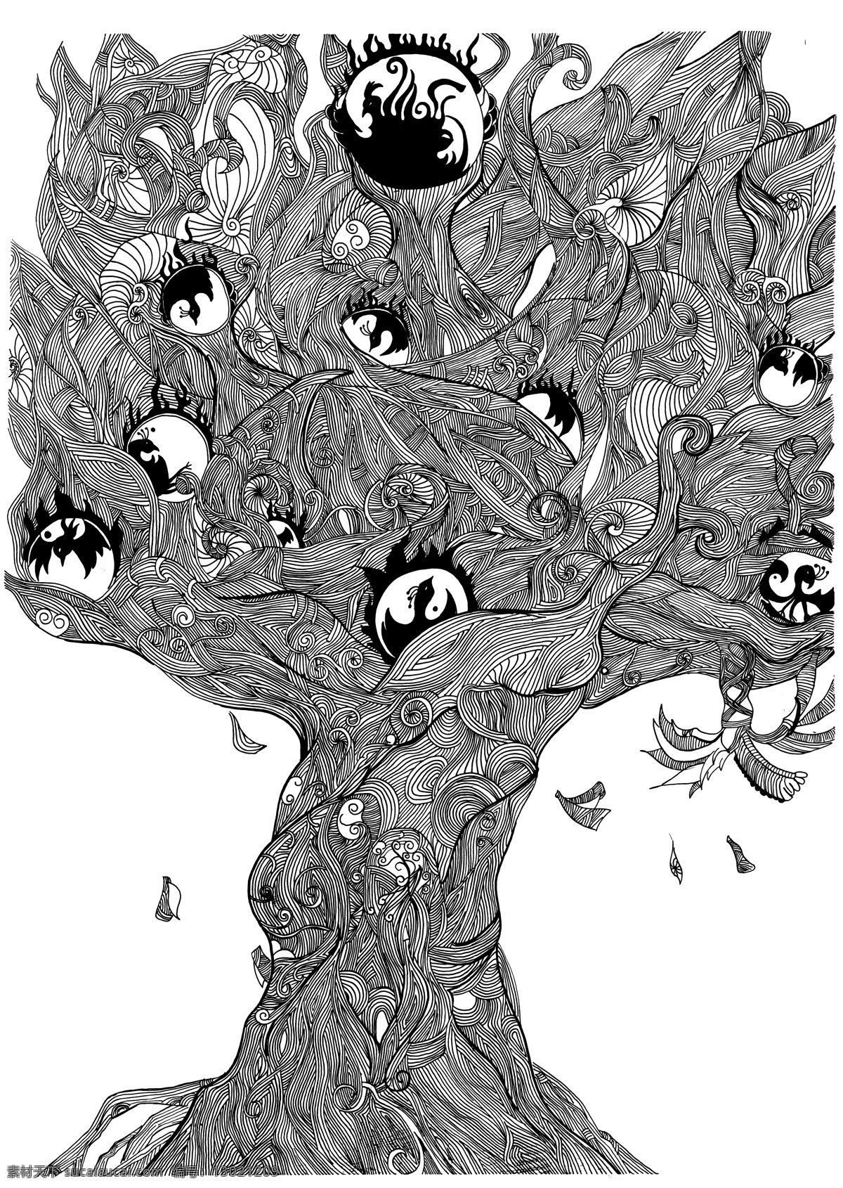 手绘 扶 桑树 装饰画 金乌 树木 树干 树枝 太阳 线描