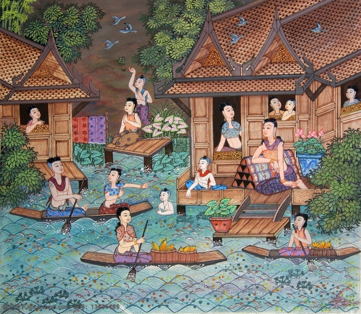 河边 泰国 传统 生活 高清 宗教画 艺术画 油画 绘画 艺术 高清绘画 绘画书法 文化艺术