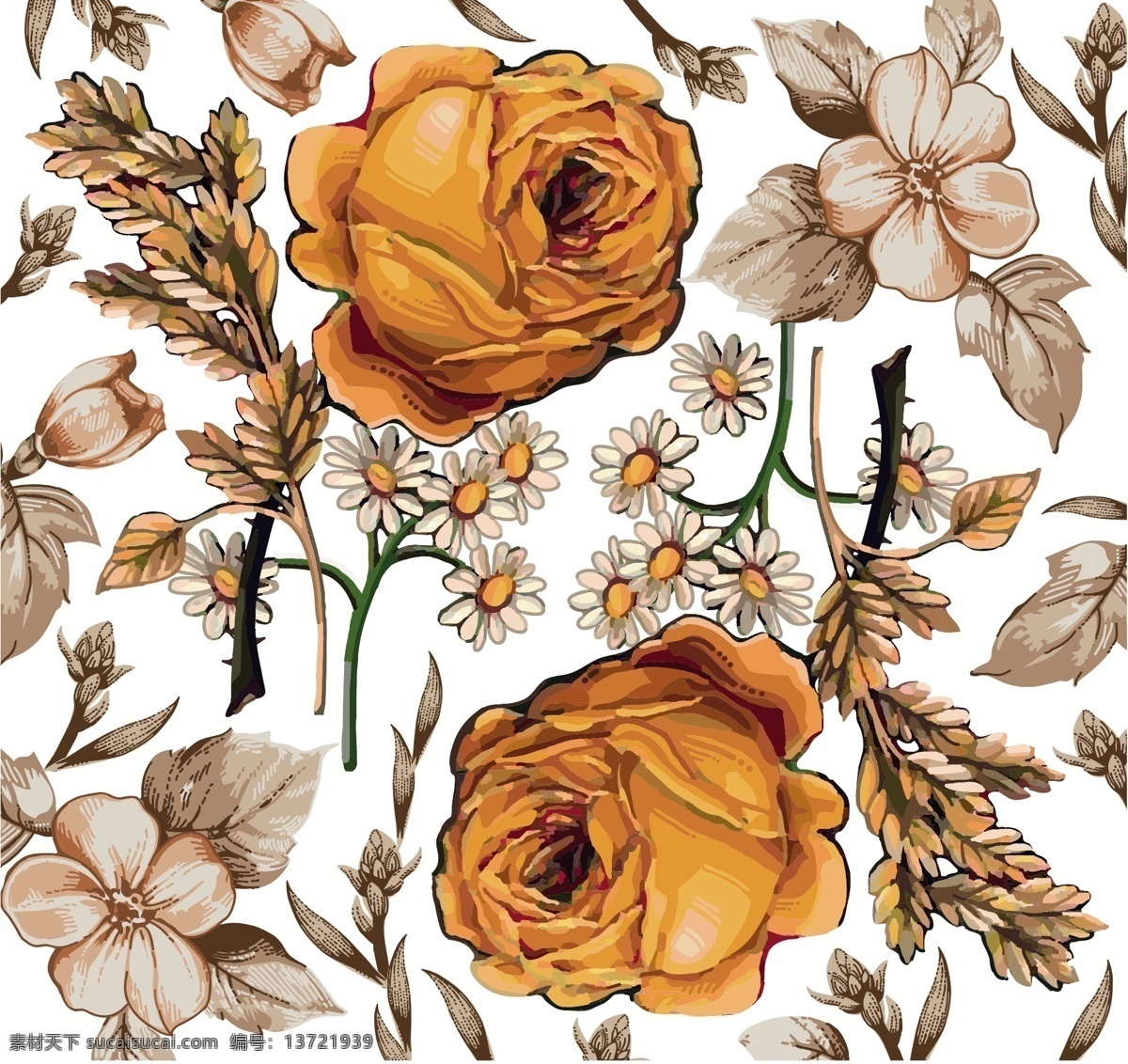 黄色 手绘 玫瑰花 背景 底纹 植物 复古 水彩绘 花朵