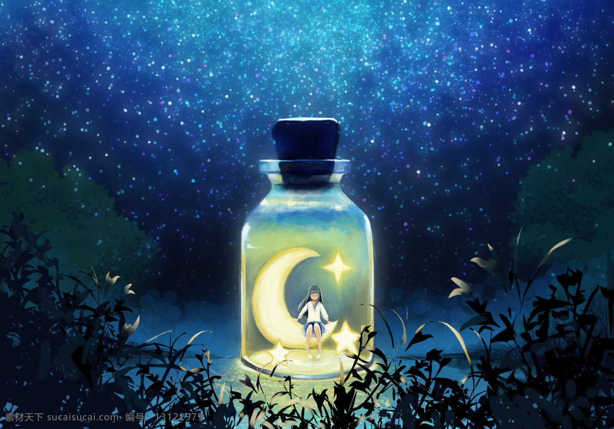 许愿 瓶 中 少女 唯美 夜晚 奇幻 手绘 插画 星星 星空 星辰 月亮 梦幻 治愈 清晰 动漫动画 风景漫画
