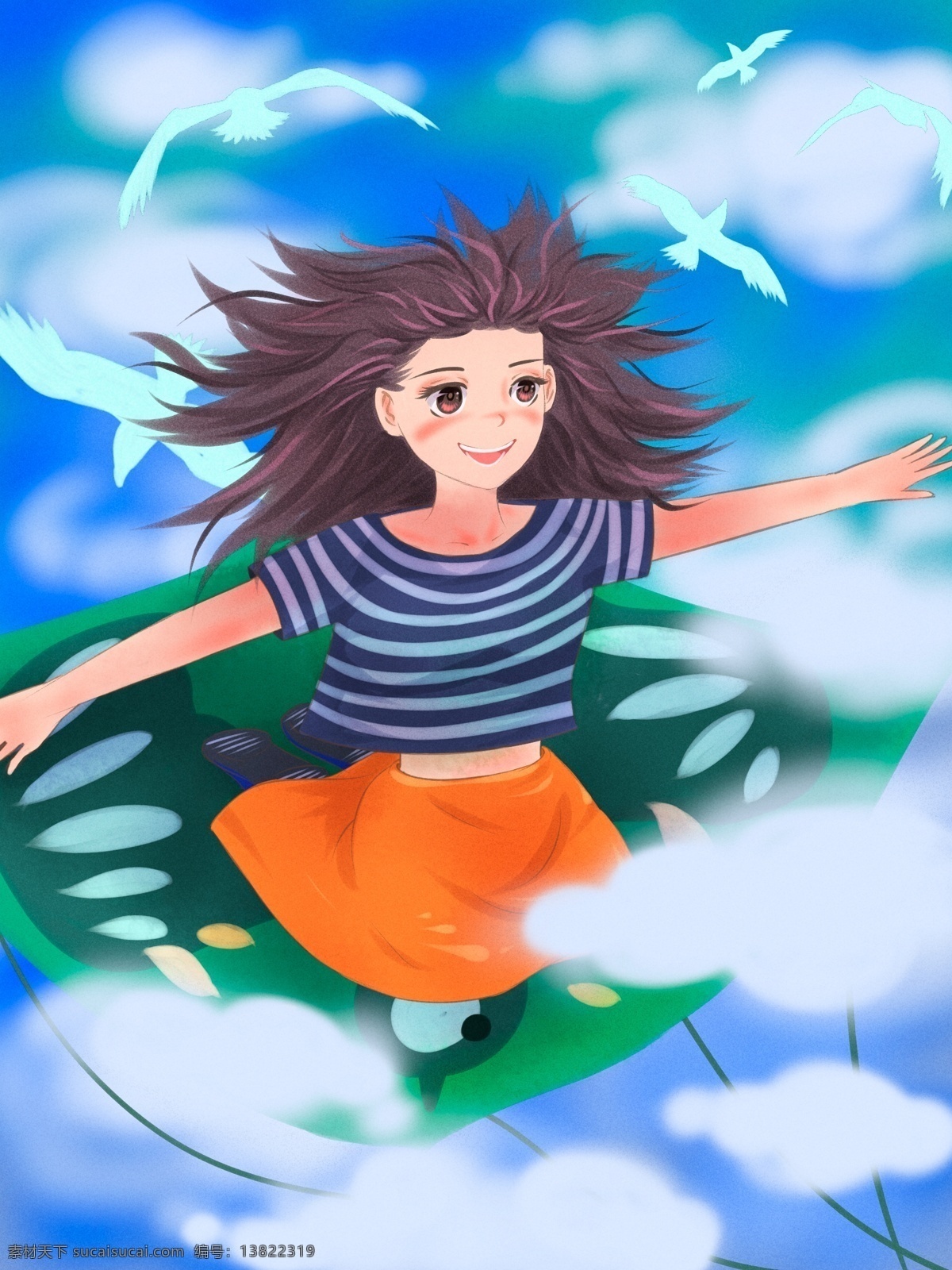 心语 心情 早安 你好 清晨 坐在 风筝 上 女孩 蓝天白云 飞鸟 清新 早安你好 放飞