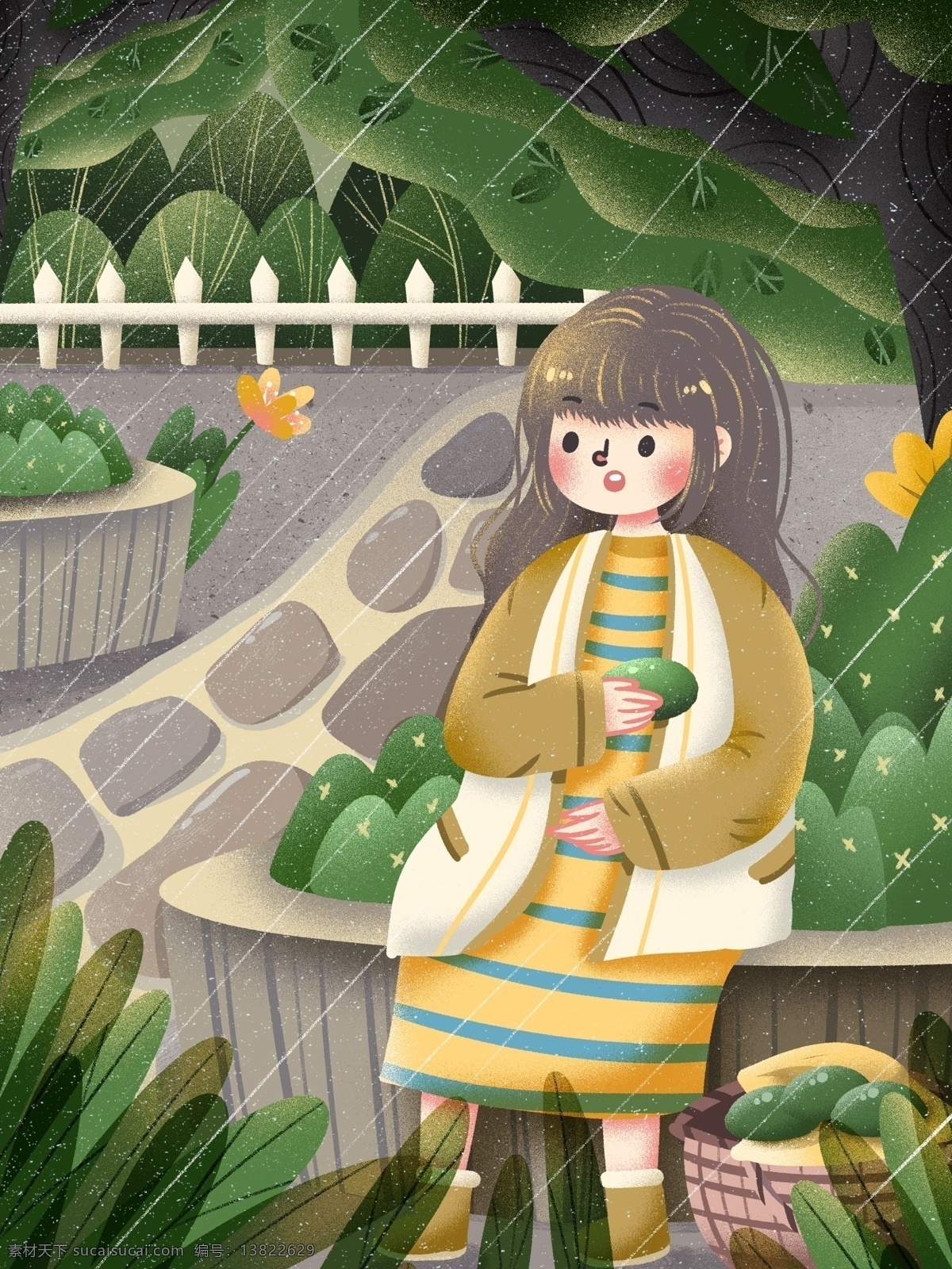 原创 手绘 插画 吃 饼 女孩 户外 背景 简约 雨季 零食 篮子