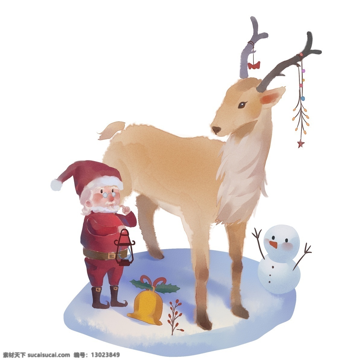 麋鹿 圣诞老人 起点 油灯 卡通 手绘 圣诞铃铛 漂亮的麋鹿 雪人 小草 圣诞帽子 圣诞节 雪地 卡其色 大红色
