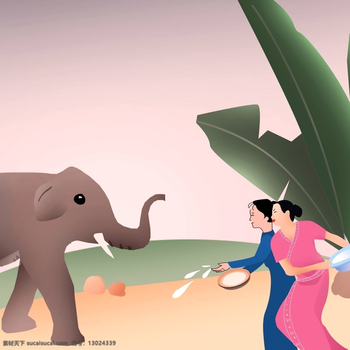南方 泼水节 手绘 场景 背景 大象 植物 傣族女子