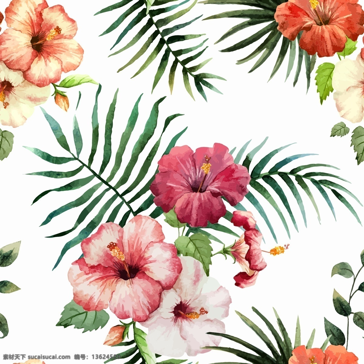 四方 连续 水彩 矢量图 热带 花卉 植物 四方连续 热带花卉 免费 底纹边框 背景底纹