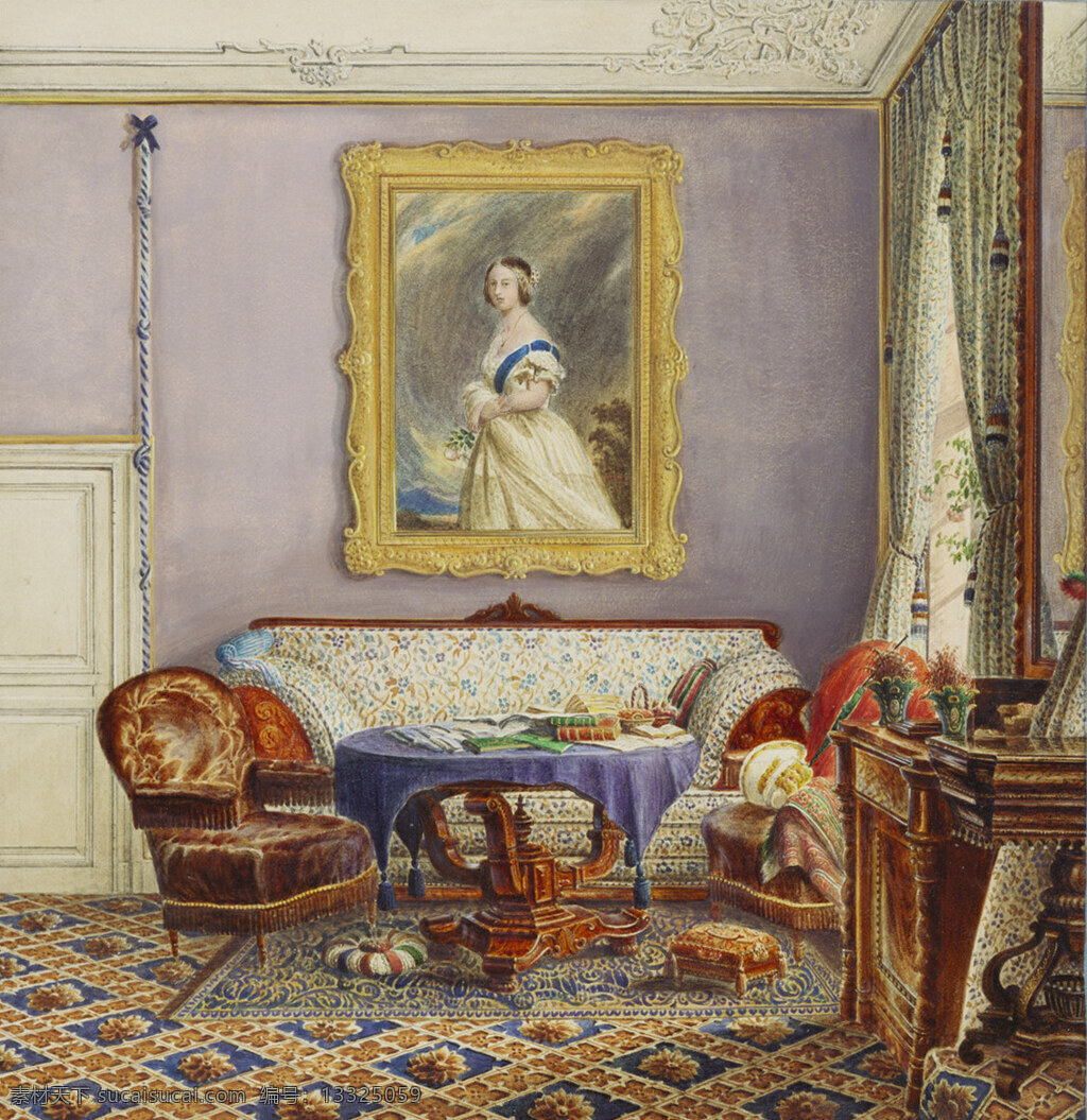 英国王宫 休息室 维多利亚女王 油画像 沙发 桌子 鲜花 骑子 世纪 水彩画 文化艺术 绘画书法