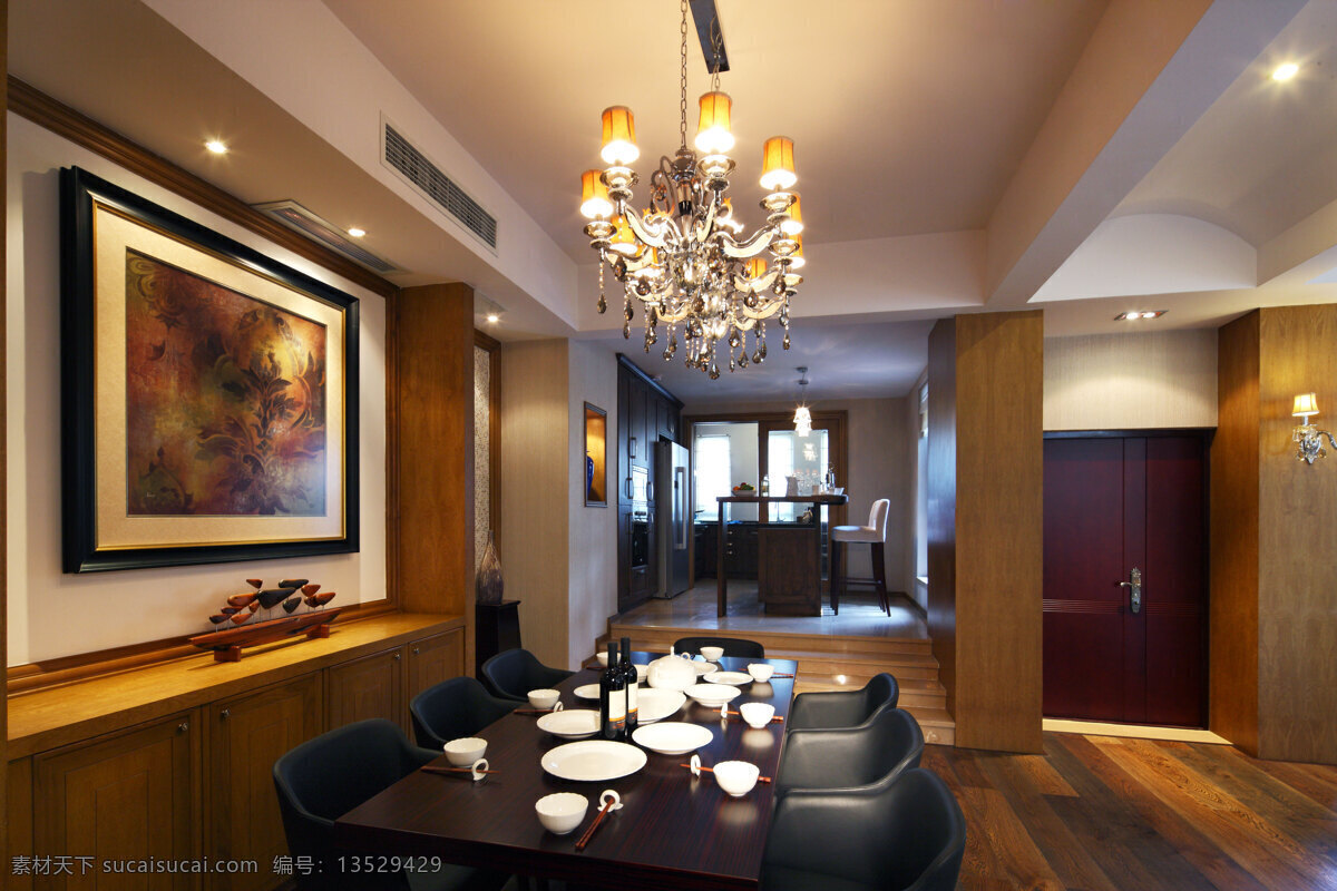 欧式 客厅 水晶 吊灯 装修 效果图 白色射灯 壁画 方形吊顶 灰色墙壁 圆形餐桌 桌椅