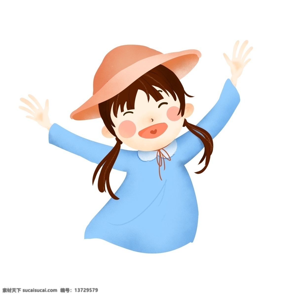 戴 太阳帽 开心 欢呼 小女孩 卡通 元素 戴太阳帽