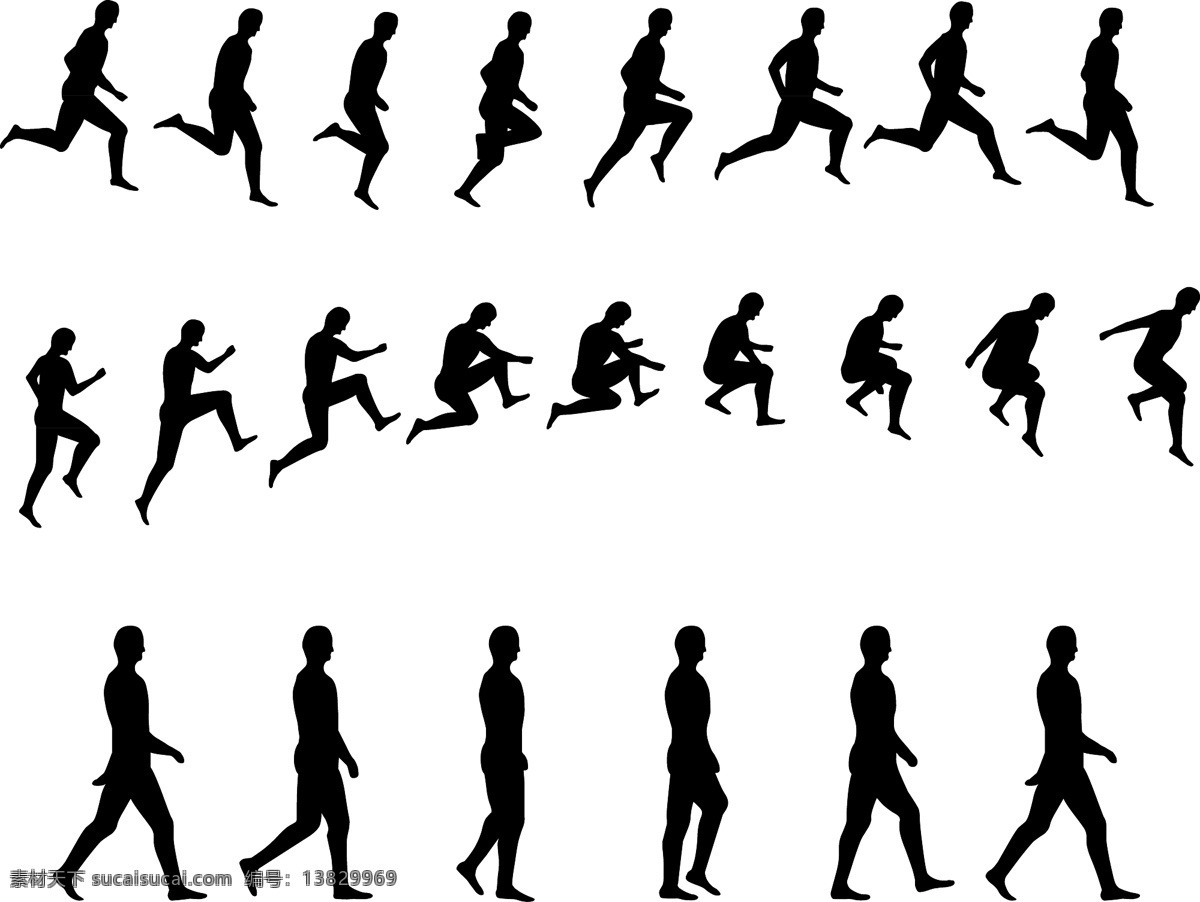 有趣 人物 运动 连续 动作 剪影 跑步 矢量图 体育 跳跃 行走 运动矢量素材 连续动作 矢量人物