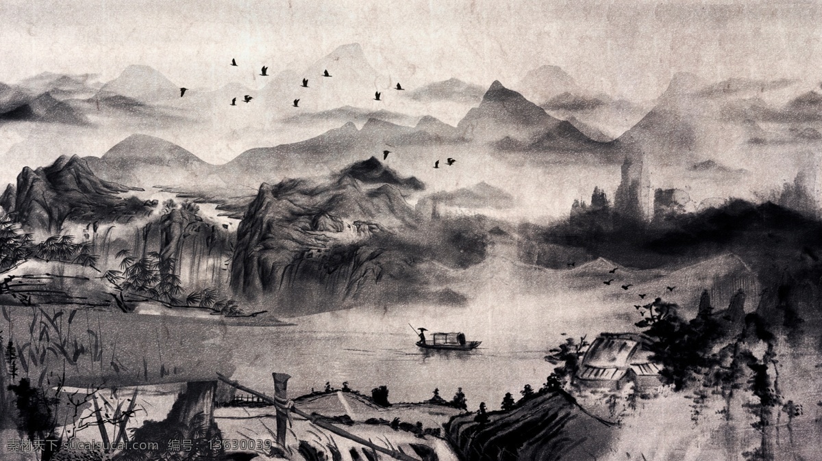 复古 唯美 中国 水墨画 风景画 水墨 插画 海报 手机配图 中国水墨