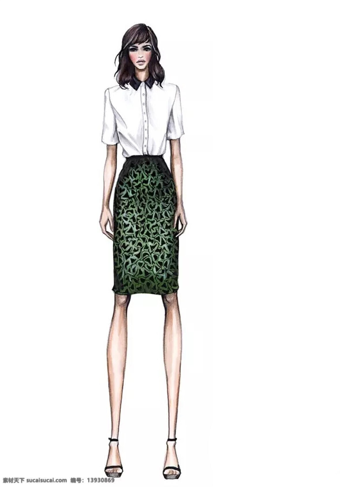 白色衬衫 服装设计 服装效果图 女装 时尚 简约 白色 衬衫 效果图 深绿色 花纹 半身 裙