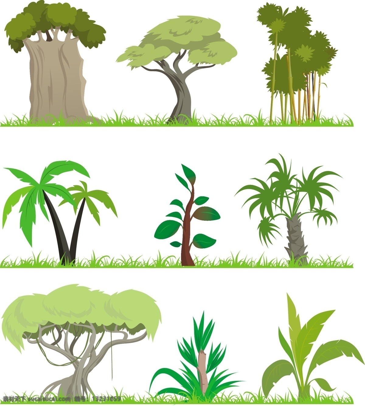 款 大树 草地 矢量素材 树木 树叶 小草 椰子树 植物 矢量图 其他矢量图