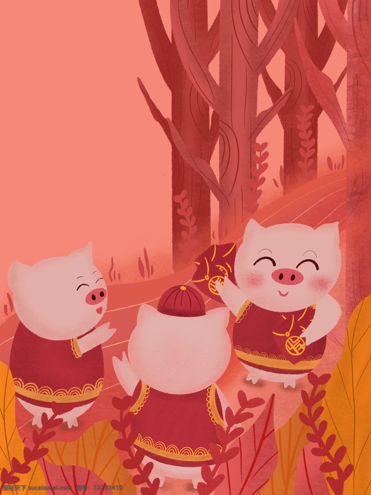 手绘 珊瑚 红 2019 猪年 背景 树林 喜庆 创意 促销背景 背景图 新年 猪年背景 通用背景 psd背景 背景展板 特邀背景 背景展板图
