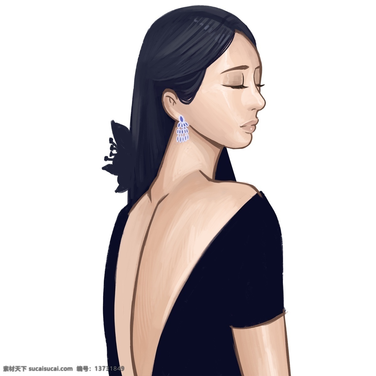 一个 闭 着眼 美女 女性 年轻女人 贵妇 珠光宝气 黑色晚装 深v 高贵 优雅 漂亮的人 时尚美女