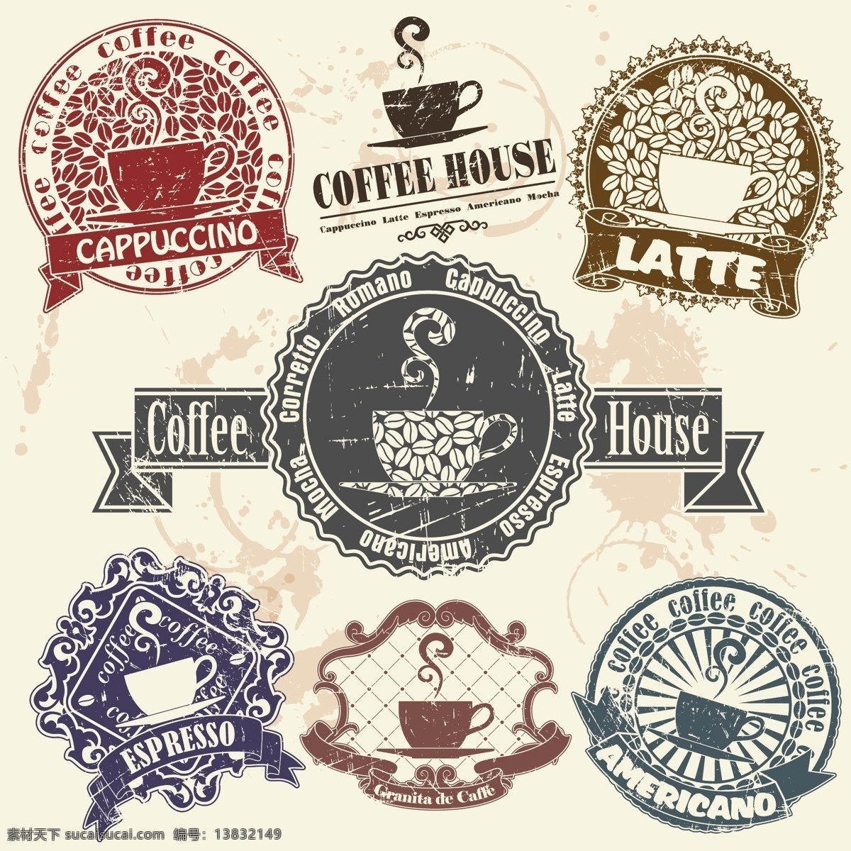 复古 咖啡 标签 咖啡豆 咖啡屋 矢量图 丝带 饮品 其他矢量图