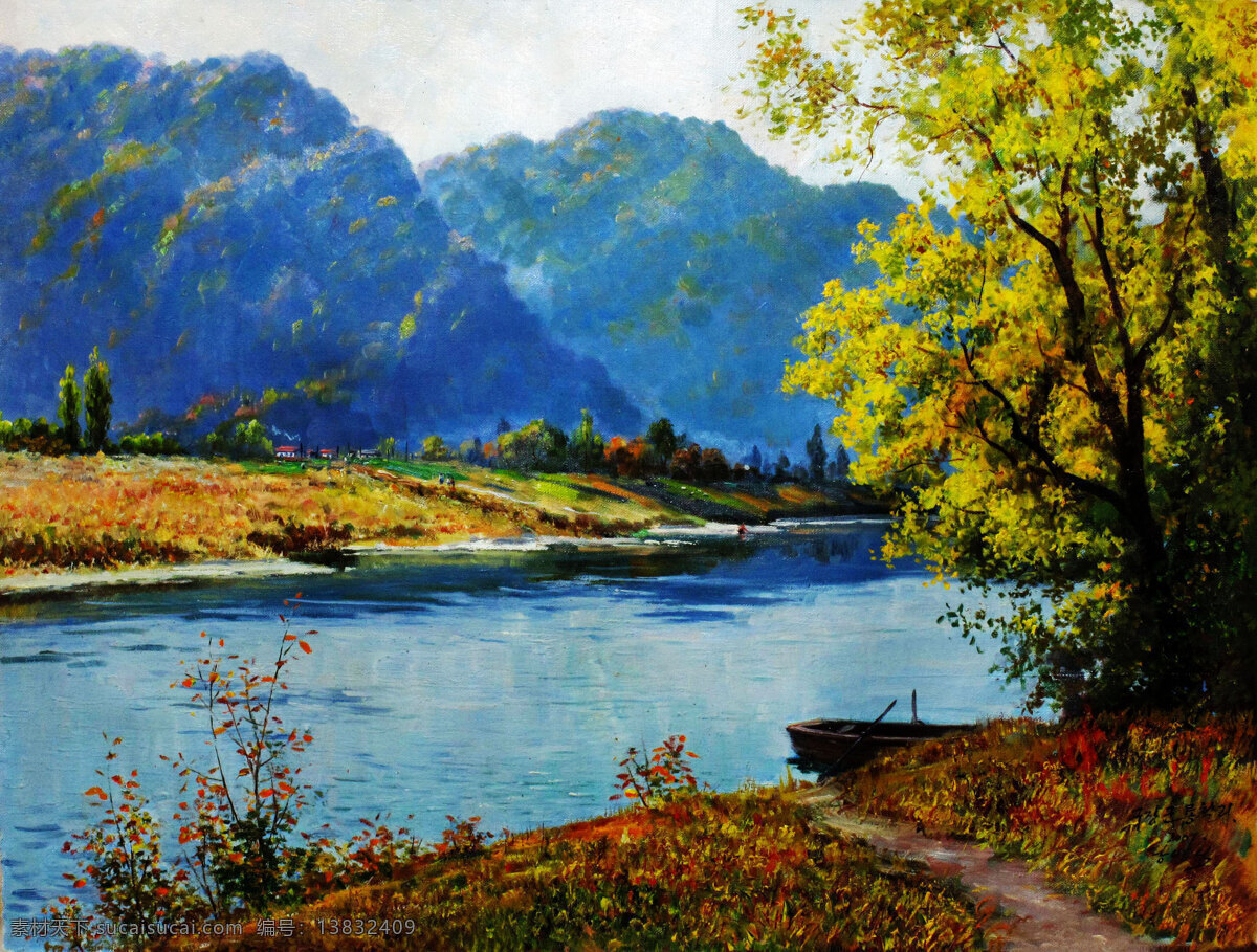 草地 村庄 风景 河流 绘画 绘画书法 美术 秋天 龙泉里秋色 油画 河滩 树木 树林 山岭 小船 油画艺术 油画作品14 文化艺术
