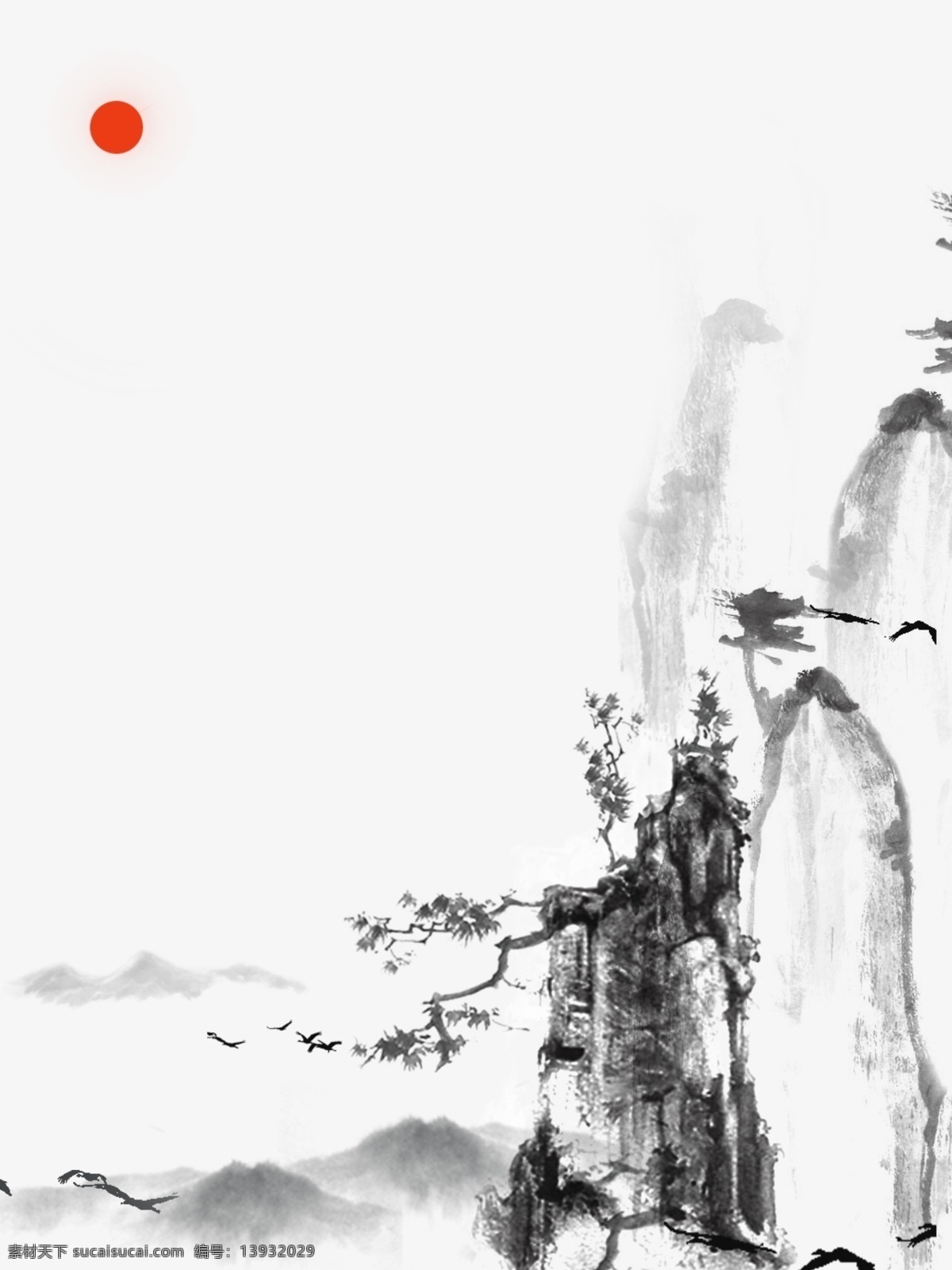 优美 古风 水墨 红日 高悬 背景 飞鸟 高山 树枝 树