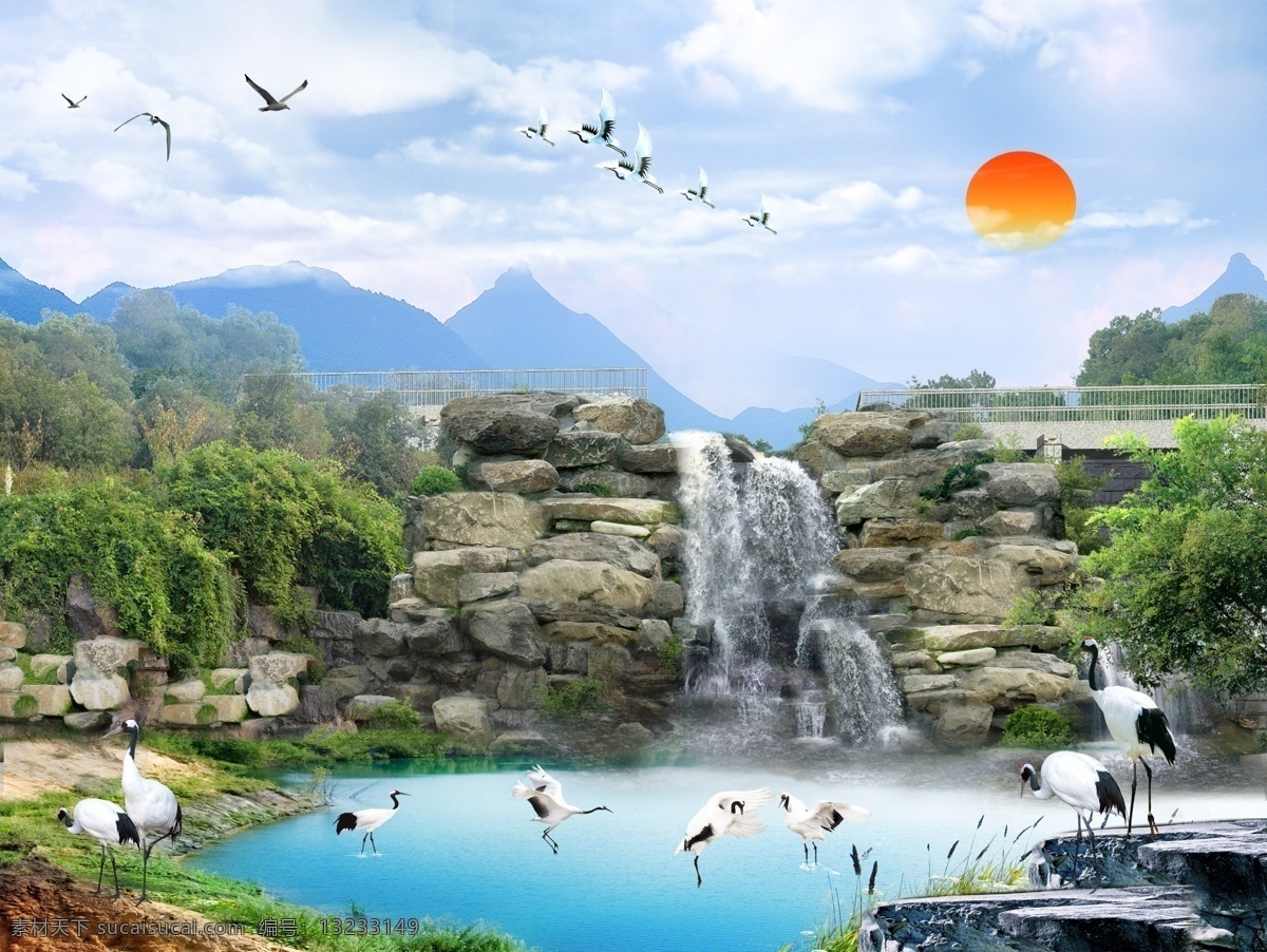 分层 壁画 草 大厅画 丹顶鹤 风景 风景画 高山流水 山水风景 山水画 自然风景 蓝天白云 自然 树 树木 河 河水 瀑布 山水瀑布 湖水 石子 石头 鸟 仙鹤 山 阳光 旭日 展板模版 宣传栏 海报 宁静 美景 秀丽风景 中堂画 挂画 客厅画 家居装饰画 室内装饰 源文件 其他海报设计