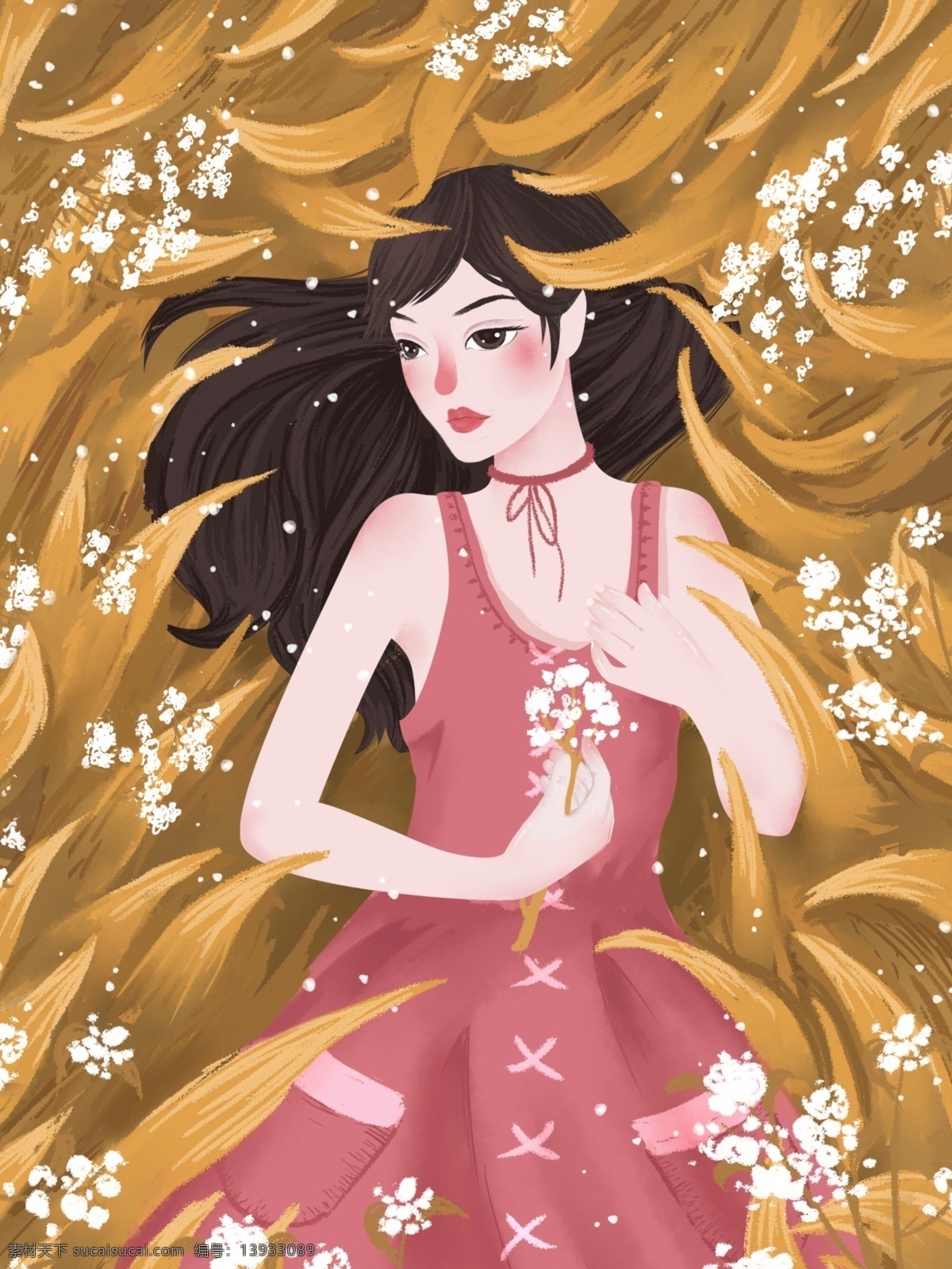 唯美 冬季 花丛 中 少女 插画 壁纸 女孩 冬天 唯美冬季 少女插画 小清新插画 配图 女孩插画 雪 初冬