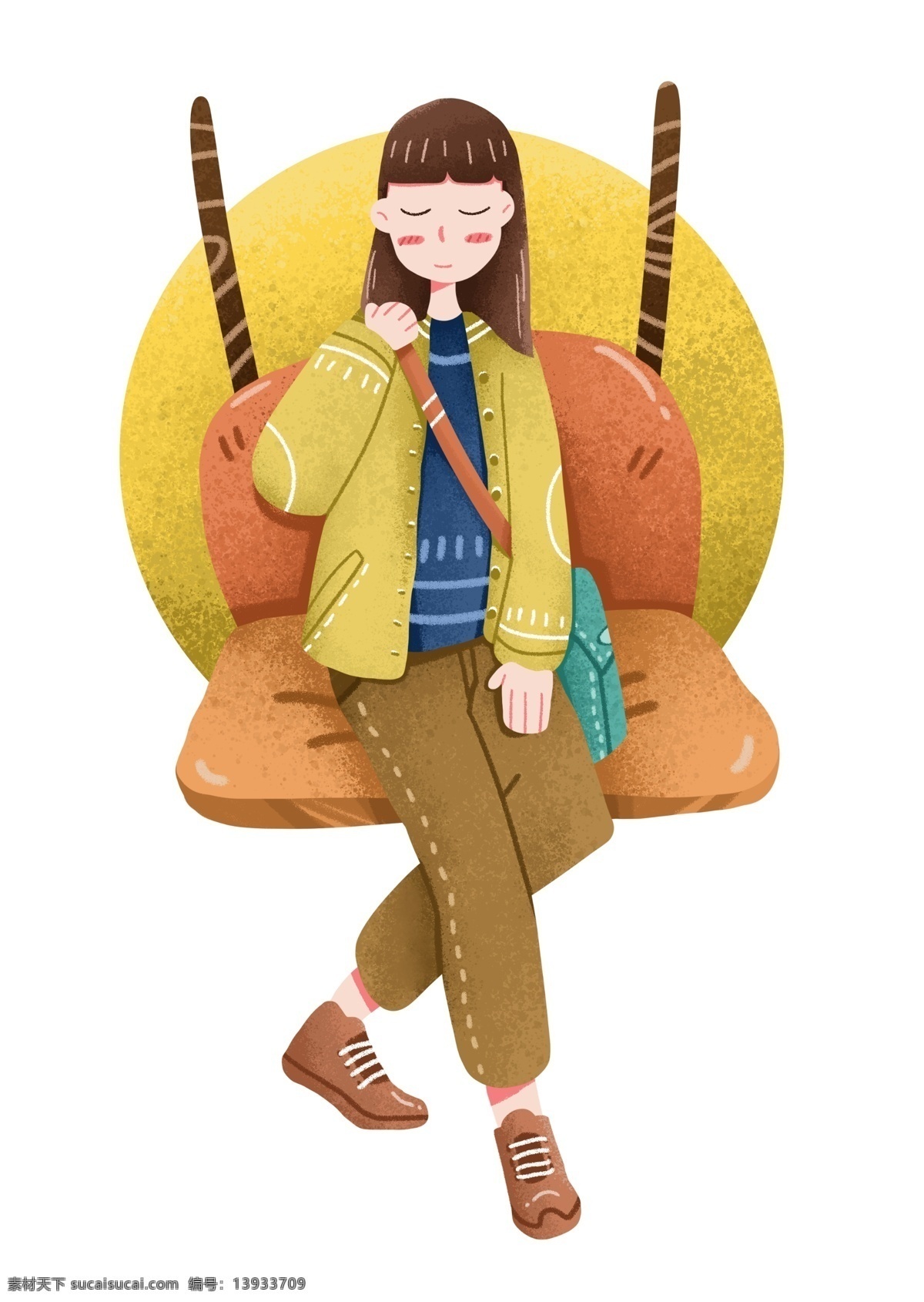 坐 睡觉 小女孩 世界 睡眠 日 插画 坐着睡觉 睡觉的小女孩 蓝色的背包 黄色的椅子 卡通人物