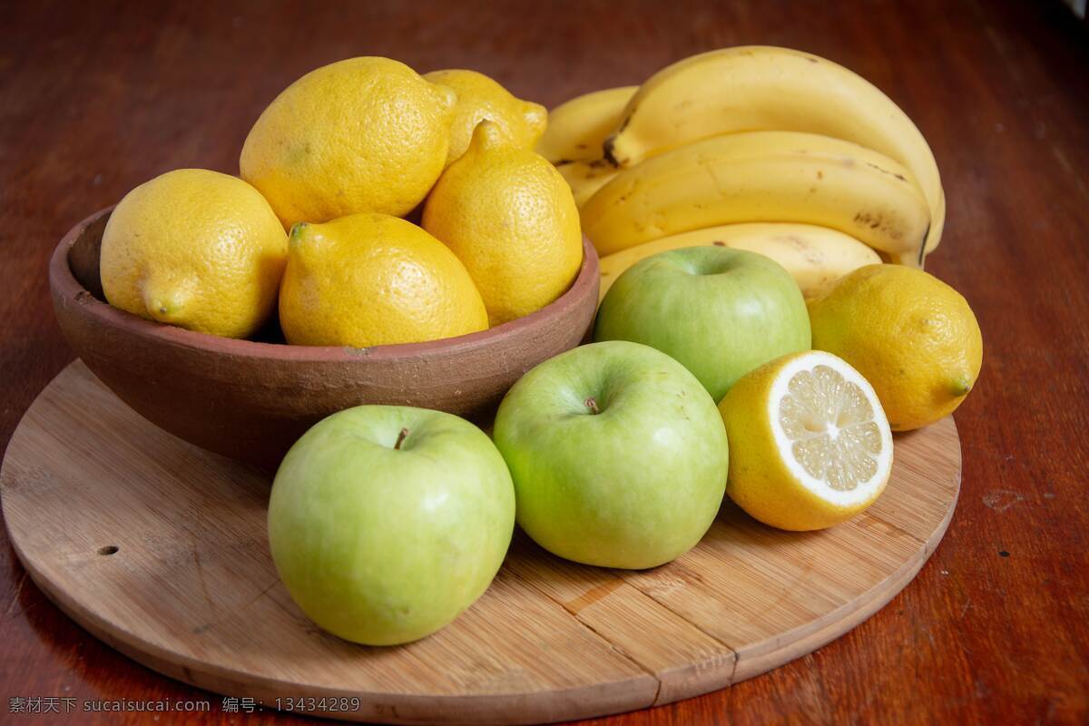 新鲜水果 青苹果 柠檬 香蕉 水果 水果盘 生物世界