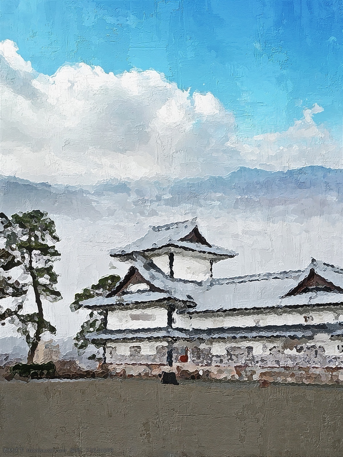 复古 日本 古建筑 客厅 书房 油画 笔触 酒店装饰画 客厅装饰画 沙发装饰画 机理画 复古挂画 白云 日本建筑 枯木 低保和 蓝天白云 青砖绿瓦