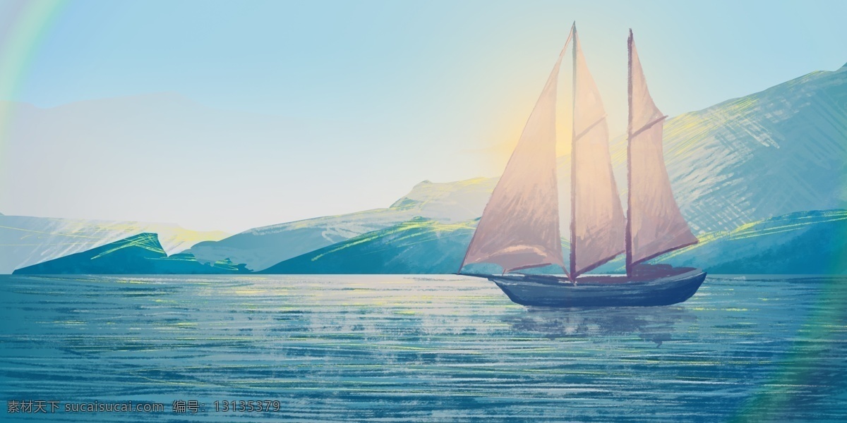 帆船 梦幻 海洋 大海 海报 插画 清新 类 背景 分层