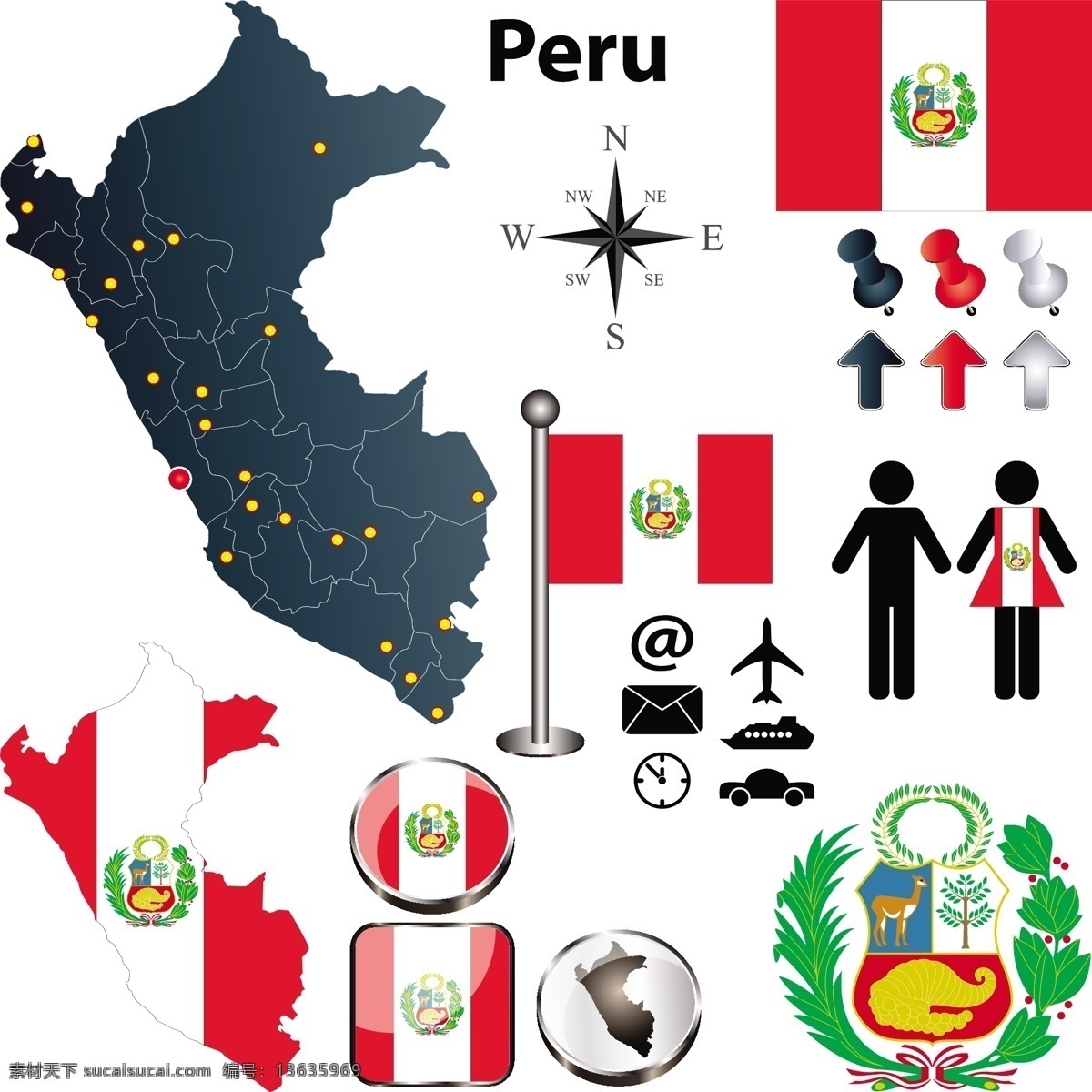 秘鲁地图国旗 秘鲁国旗 地图 国徽 国旗图标 箭头 图钉 水晶按钮 空间环境 矢量素材 白色