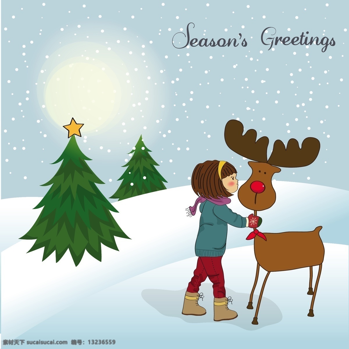 圣诞卡 可爱 小女孩 抚摸 驯鹿 自然 动物 雪 冬天 可爱的圣诞卡 圣诞 朋友 庆典 鹿 护理 冷 在一起 季节的问候 手套 可爱的动物 白色