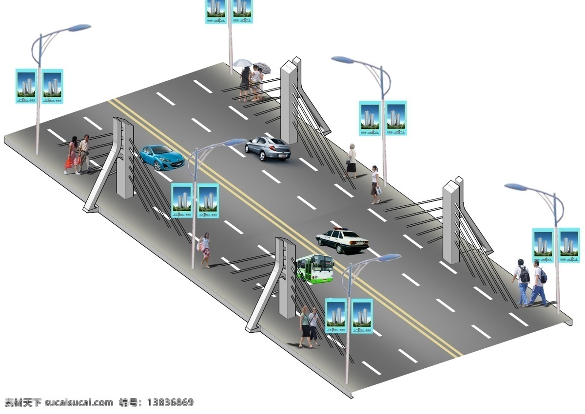 塔桥 汽车 路灯 行人 分层 源文件