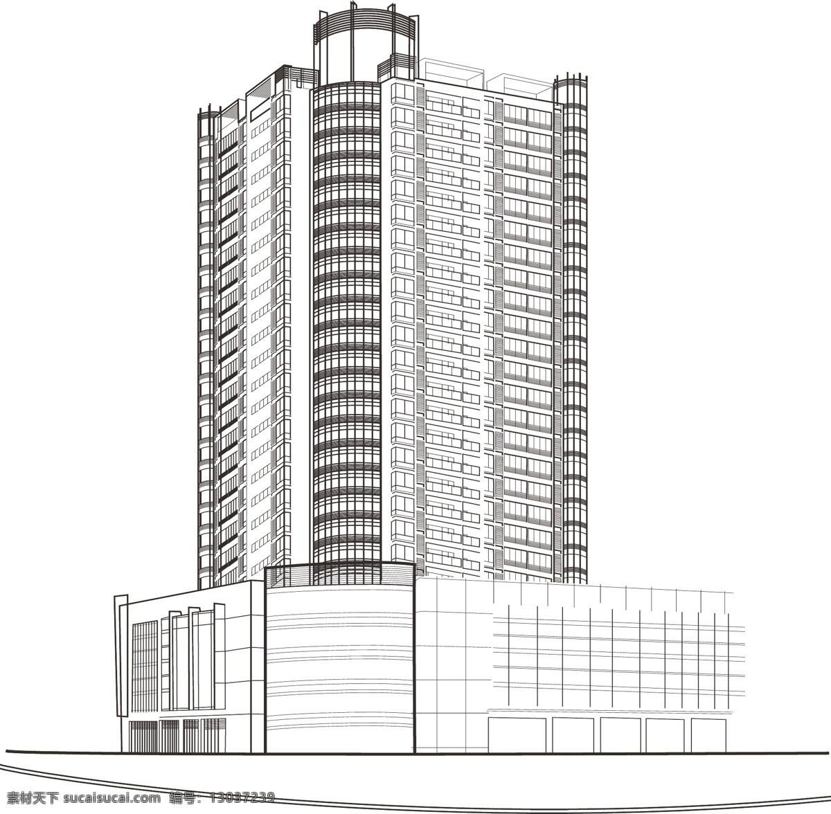 广场建筑线描 高楼 广场 建筑 线描 上色 城市建筑 建筑家居 矢量