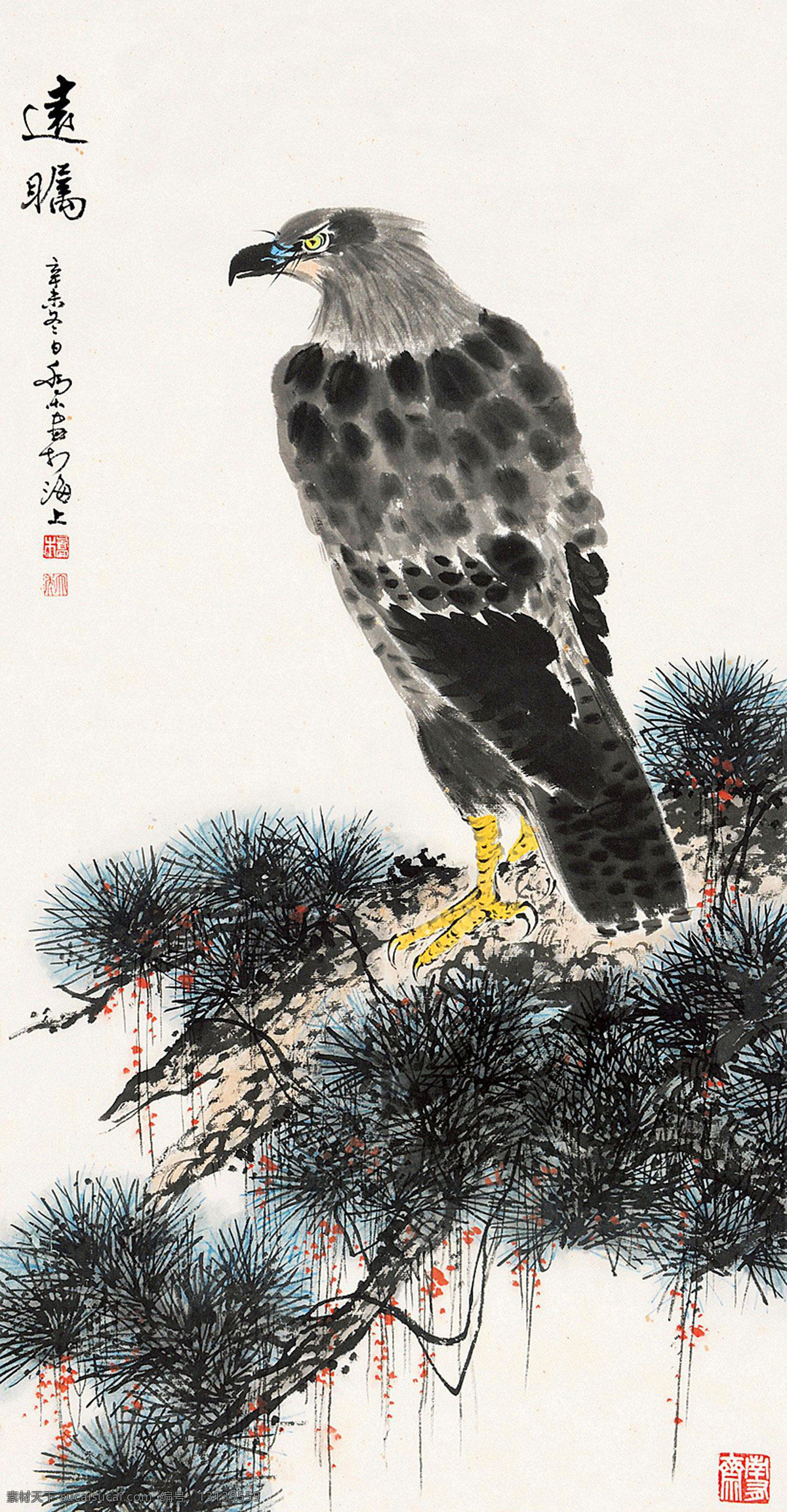 松鹰图 国画 乔木 松鹰 松树 劲松 老鹰 雄视 绘画书法 文化艺术 国画乔木