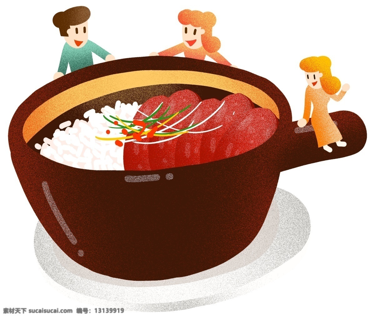 年夜饭 煲仔饭 插画 叉烧 肉食 卡路里 吃货 美味 美食 小清新美食 特色美食 中国美食 米饭 男孩女孩 免扣png