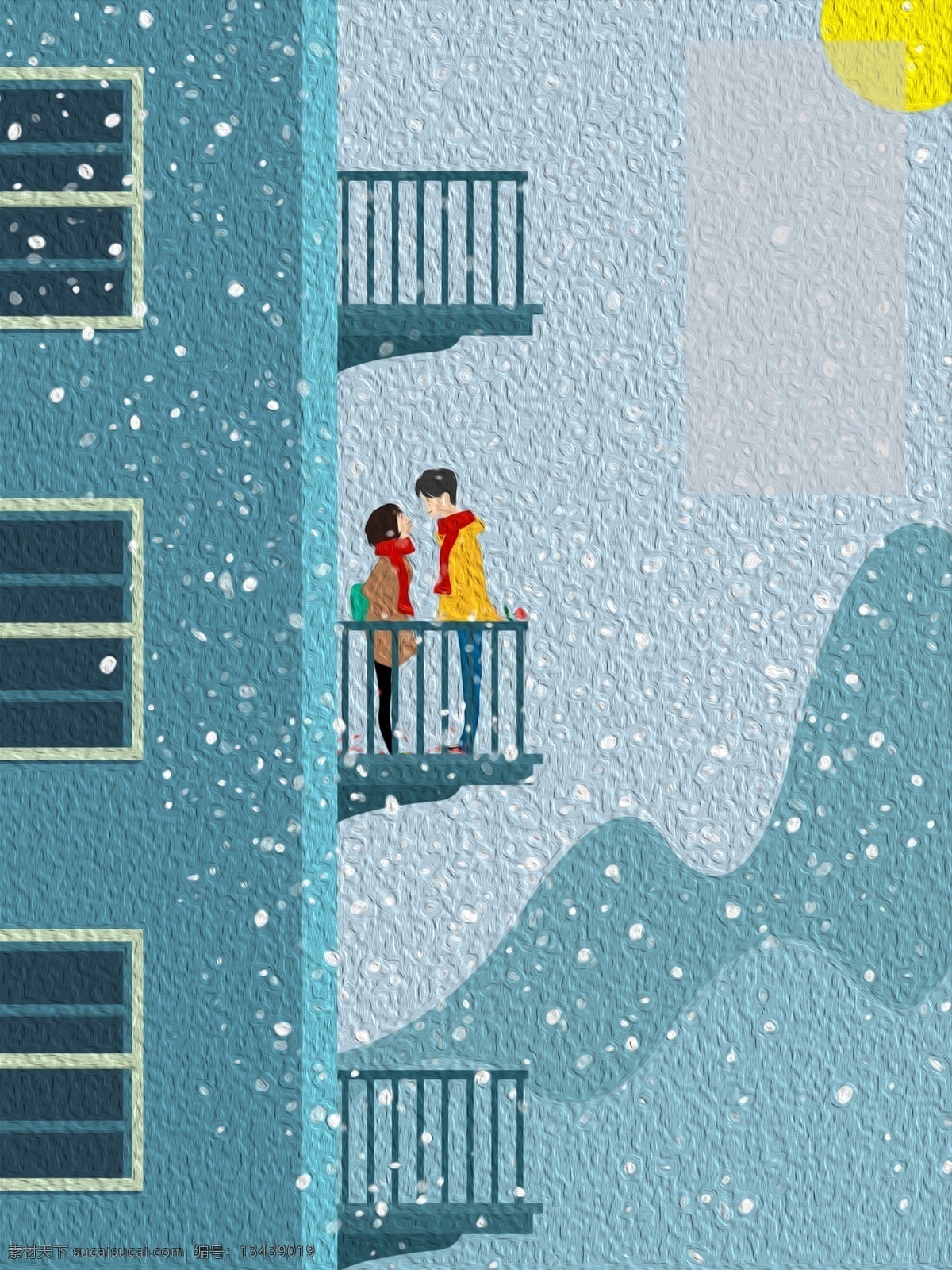小寒 节气 阳台 上 说话 情侣 背景 冬季 冬天 建筑 背景素材 下雪 小寒节气 飘雪