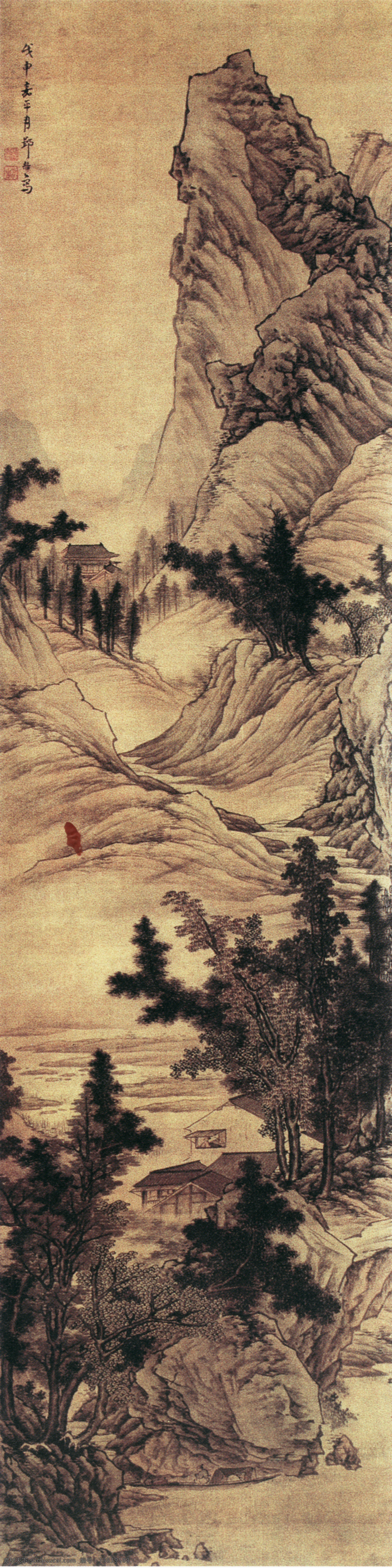 山水 名画 书画 山 船 白 岸 图 古画 山水画 书画真迹 中国水墨画 山船白岸图 名家邹拮 立轴 绢本 文化艺术