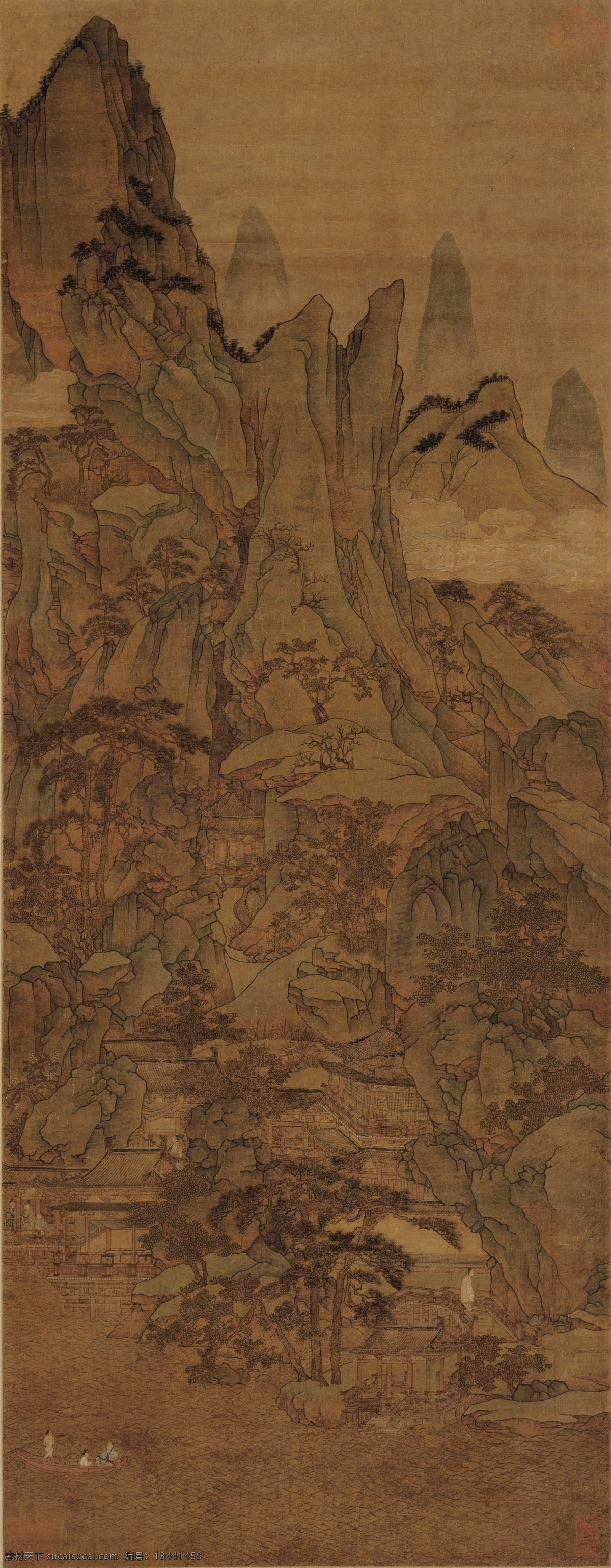 元胡廷晖 春山 泛舟 图 轴 绢本 青绿 元代 春山泛舟图轴 古字画 古画 绢布 山水画 胡延晖 画家 古代 电子扫描字画 纸本 书法字画类 文化艺术 绘画书法