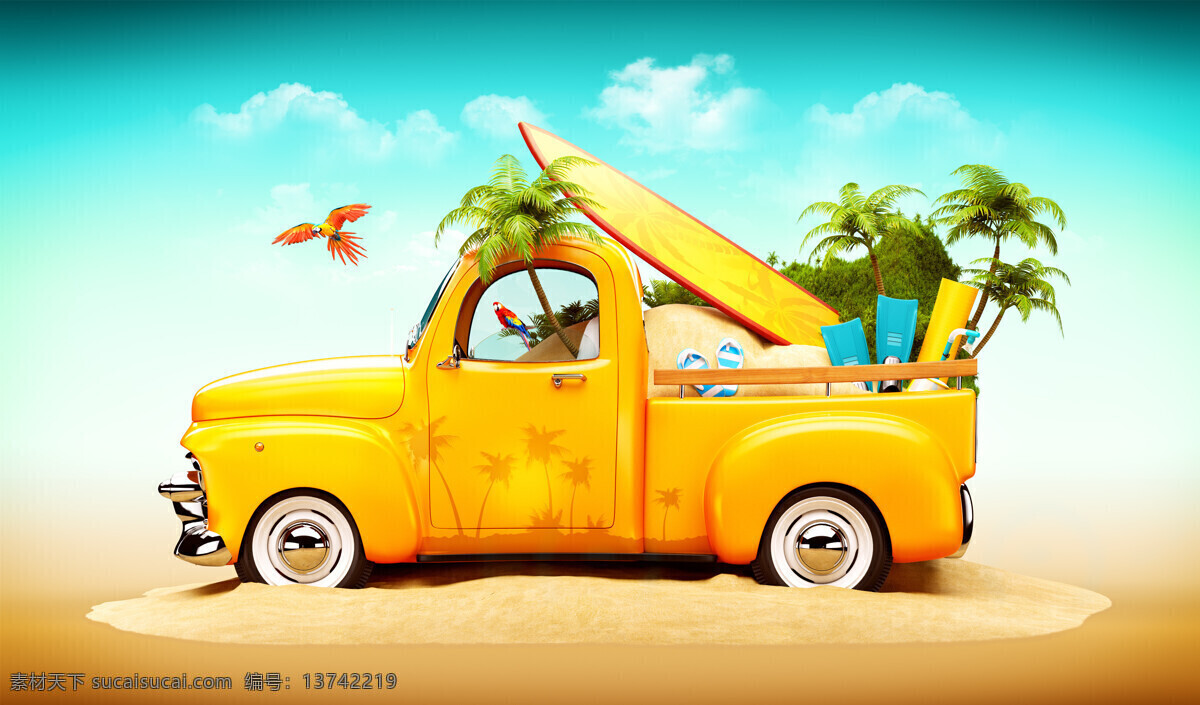 夏日 海滩 旅行车 冲浪板 椰树 卡通汽车 旅行 旅游 旅行主题 旅游素材 自然风景 其他类别 生活百科