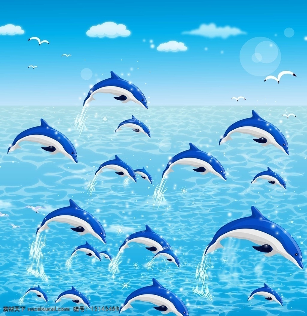 海豚 彩色 背景 海豚戏水 蓝色 广告