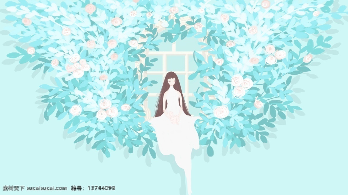 原创 女孩 花园 系列 蔷薇 园 小清新 唯美 浪漫 花卉 包装 女孩与花园 壁纸 天蓝色
