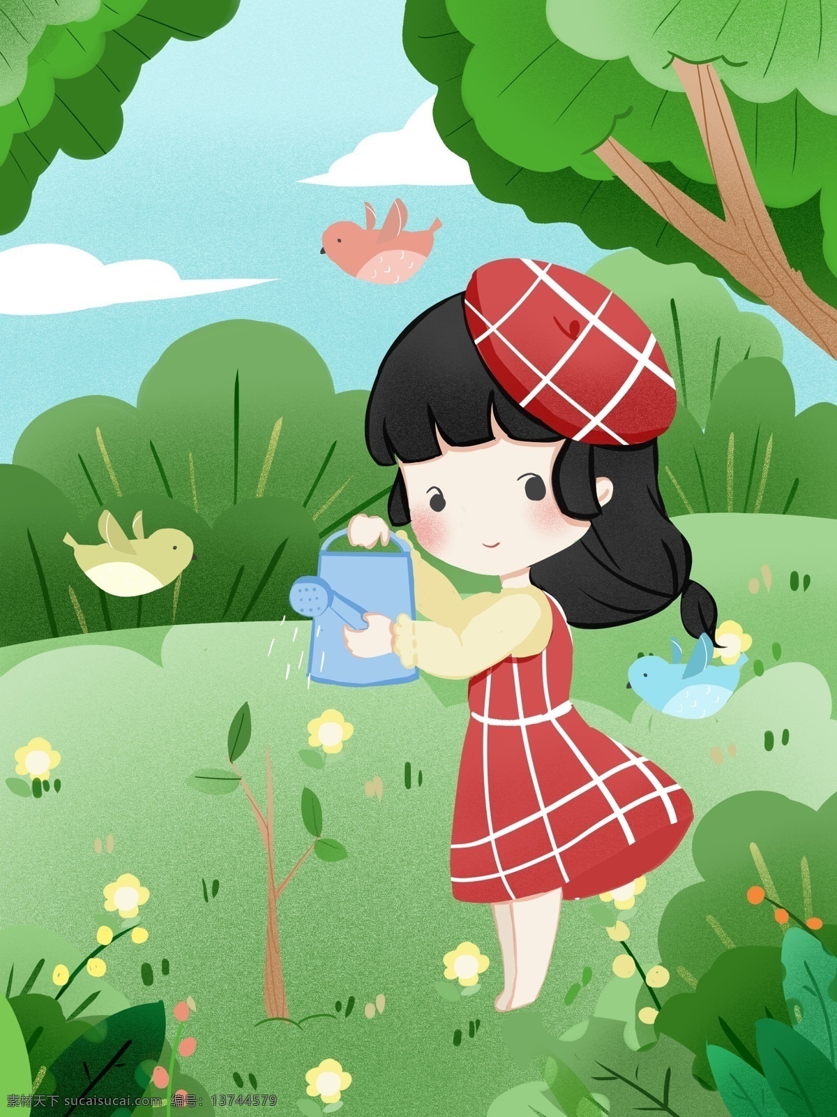 原创 小 清新 插画 植树节 环保 女孩 种植 植物 小清新 绿色 可爱 红色 树 花 自然 和谐 画师漠北