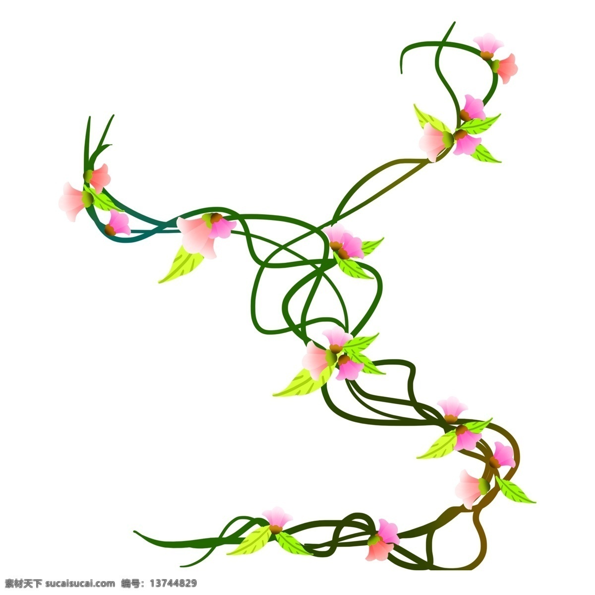 绿色 缠绕 树枝 插图 粉色花瓣 绿色树枝 缠绕的树枝 黄色树叶 大自然 户外树枝 卡通设计 平面设计
